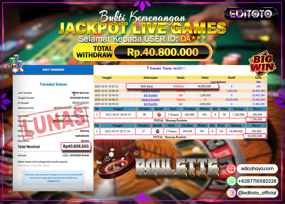 JACKPOT EDITOTO LIVE GAMES ROULETTE Rp. 40.800.000.,- LUNAS