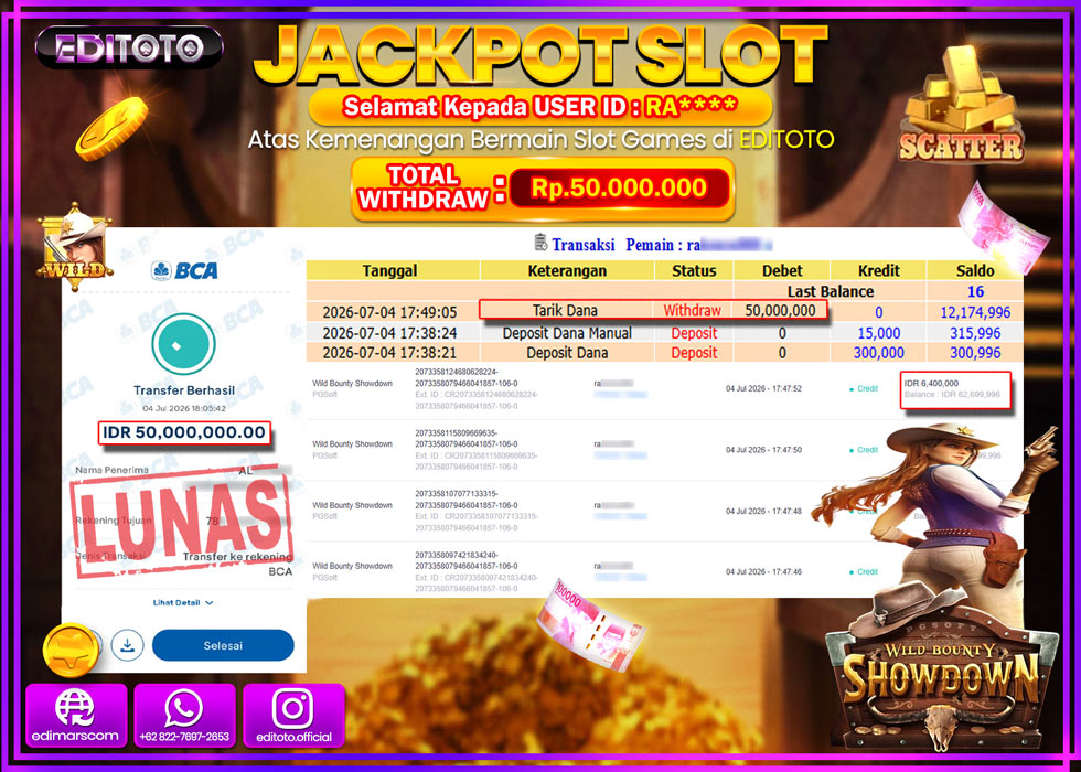 JACKPOT EDITOTO SLOT WILD BOUNTY SHOWDOWN Rp.50.000.000,- LUNAS