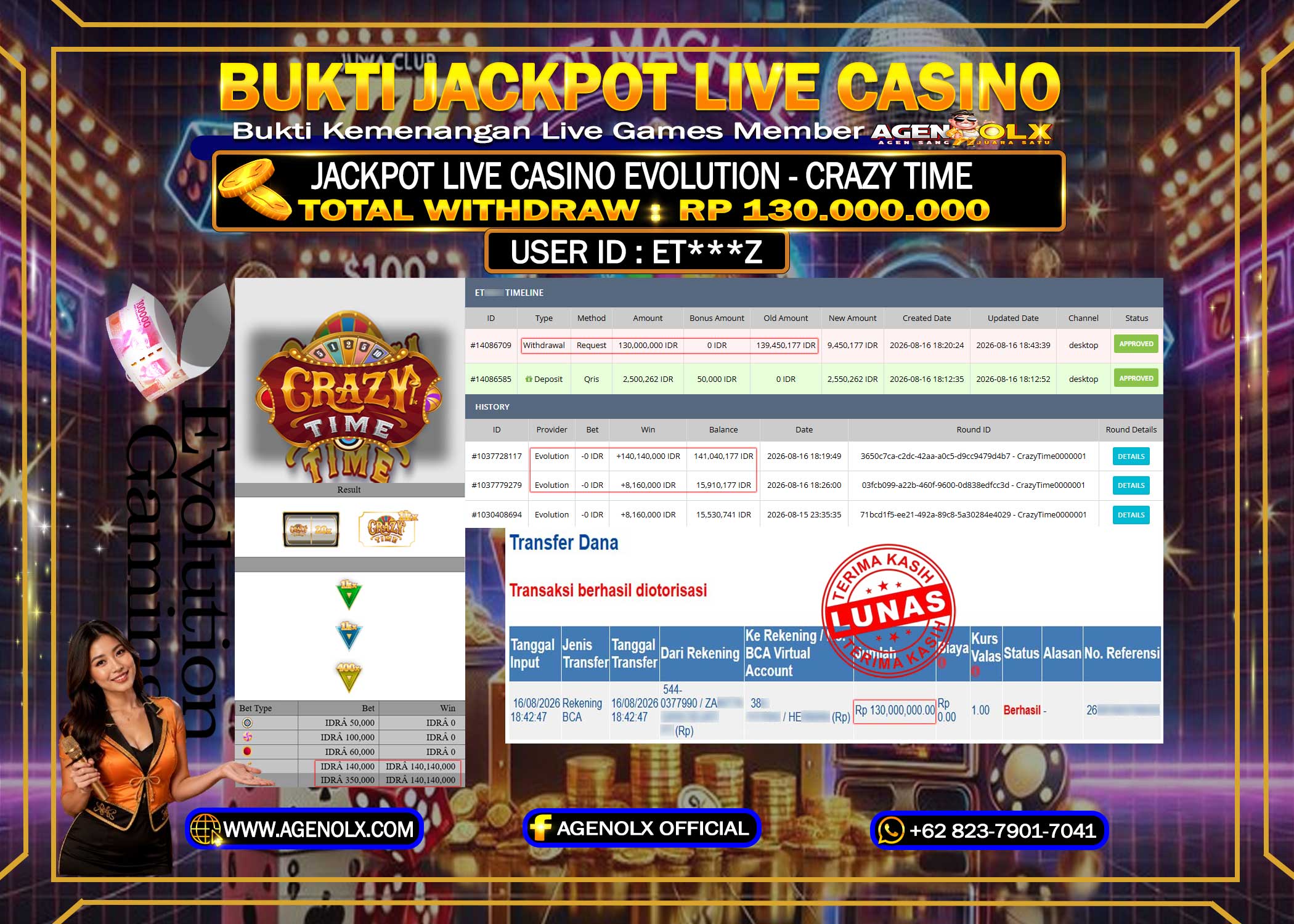 AGENOLX JACKPOT LIVE CASSSINO CRAZY TIME Rp 130.000.000 -LUNAS