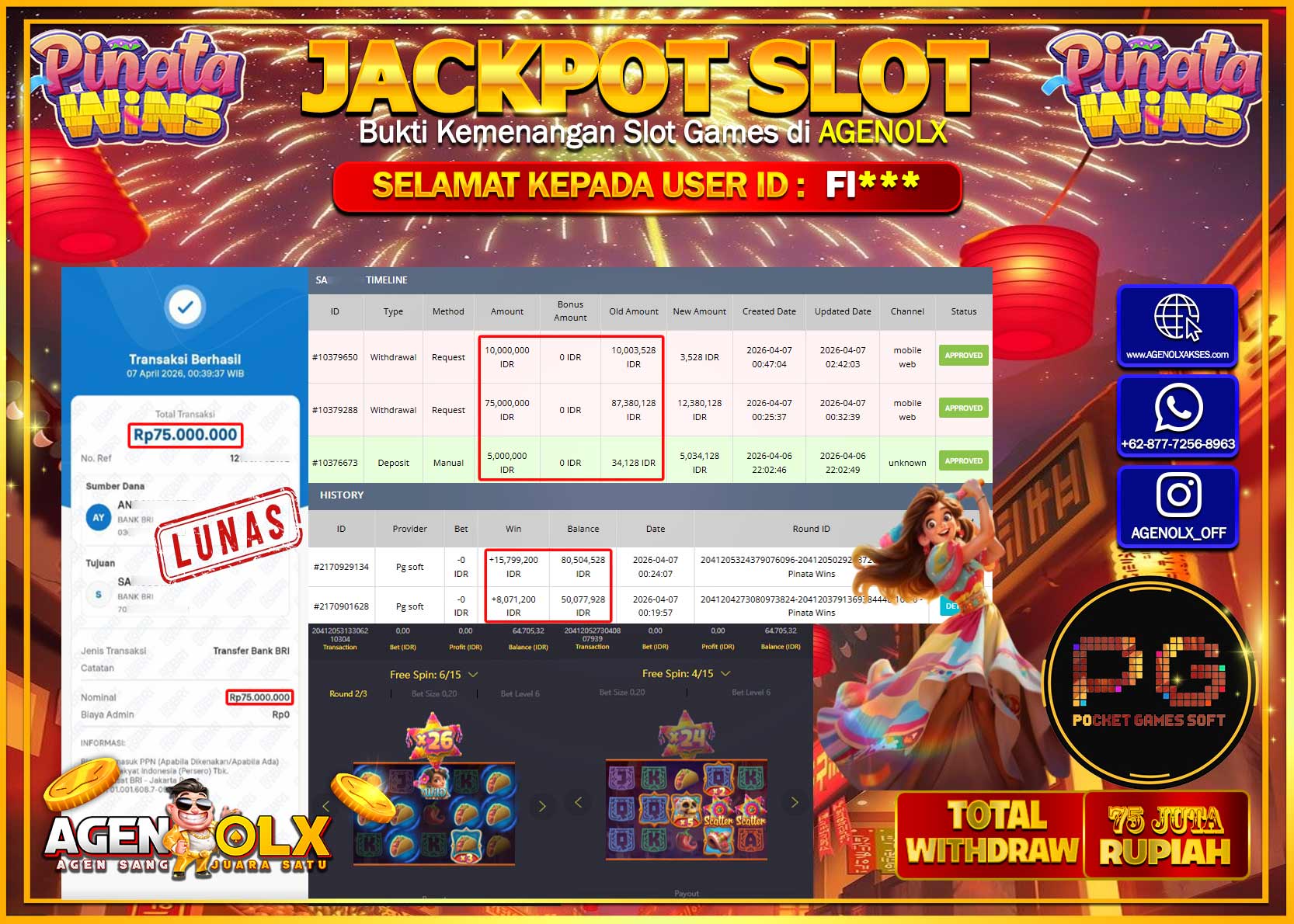 AGENOLX JACKPOT SLOT PINATA WINS  Rp 75.000.000- LUNAS