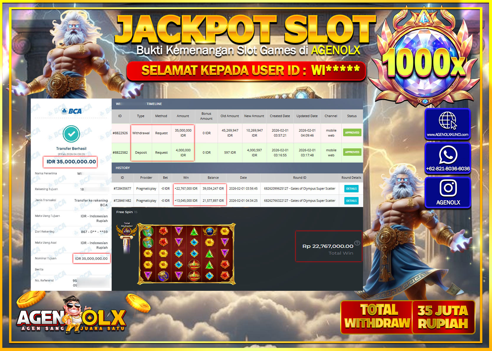 AGENOLX JACKPOT SLOT GATES OF OLYMPUS SUPER SCATTER  Rp 35.000.000 - LUNAS