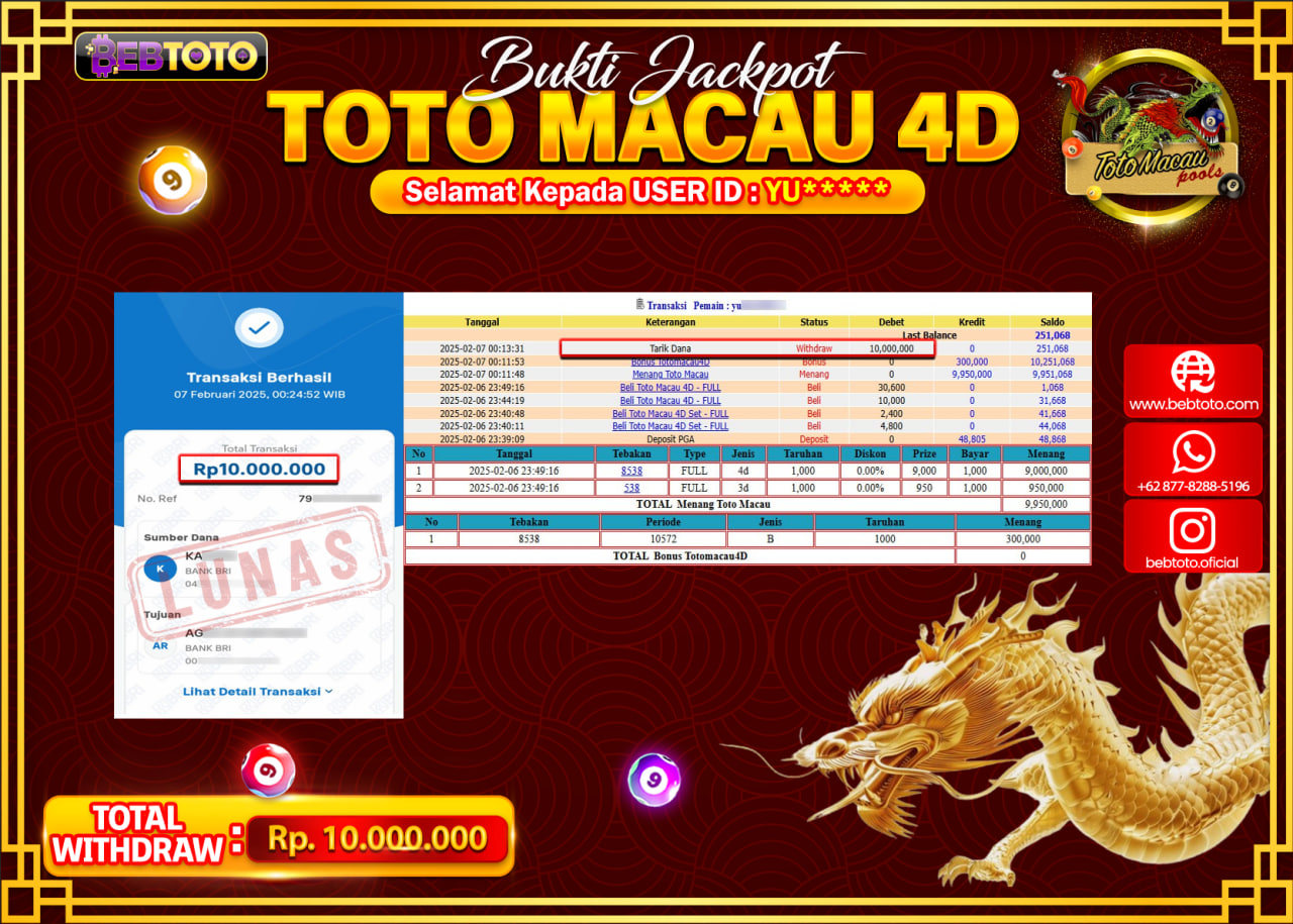 JACKPOT LIVE CASINO BEBTOTO TOTO MACAU 4D Rp.10.000.000.,- LUNAS