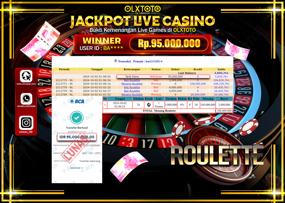 OLXTOTO JACKPOT  LIVE GAMES ROULETTE Rp.95.000.000.,- LUNAS