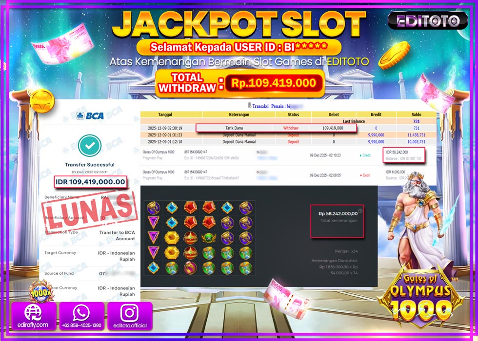 JACKPOT EDITOTO SLOT GATES OF OLYMPUS 1000  Rp.109.419.000,- LUNAS  