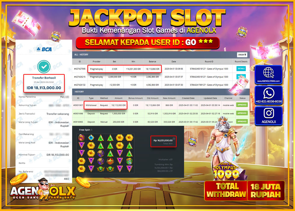 AGENOLX JACKPOT SLOT  GATE OF OLYMPUS 1000  Rp 18.113.000,- LUNAS