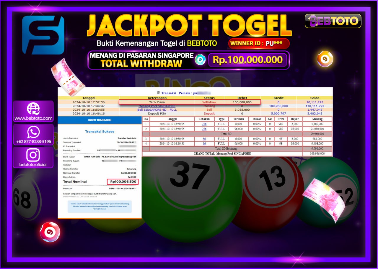 JACKPOT TOGEL BEBTOTO SINGAPORE Rp.100.000.000.,- LUNAS