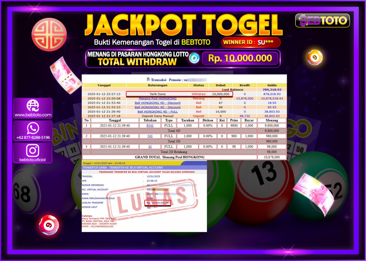 JACKPOT TOGEL BEBTOTO HONGKONG LOTTO  Rp.10,000,000.,- LUNAS
