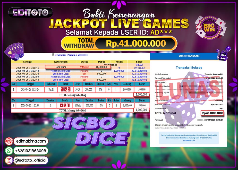 JACKPOT EDITOTO LIVE GAMES SICBO DICE Rp. 41.000.000.,- LUNAS