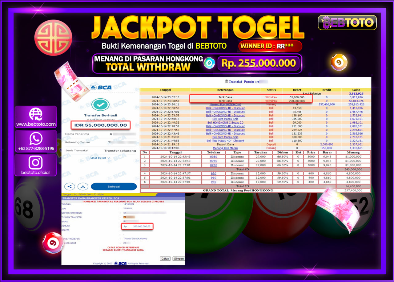 JACKPOT TOGEL BEBTOTO HONGKONG LOTTO Rp.255.000.000.,- LUNAS