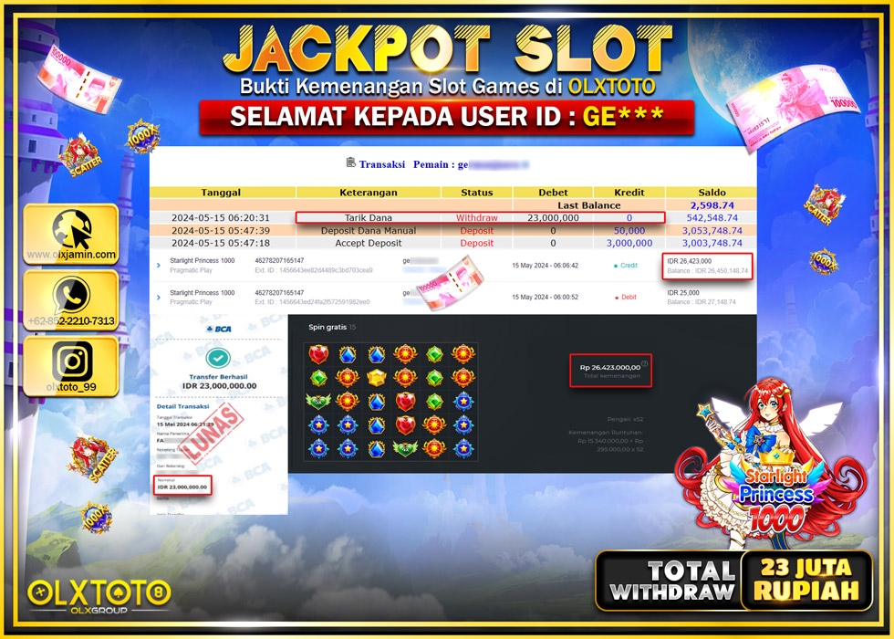 OLXTOTO JACKPOT SLOT STARLIGHT PRINCESS 1000  Rp.23.000.000.,- LUNAS