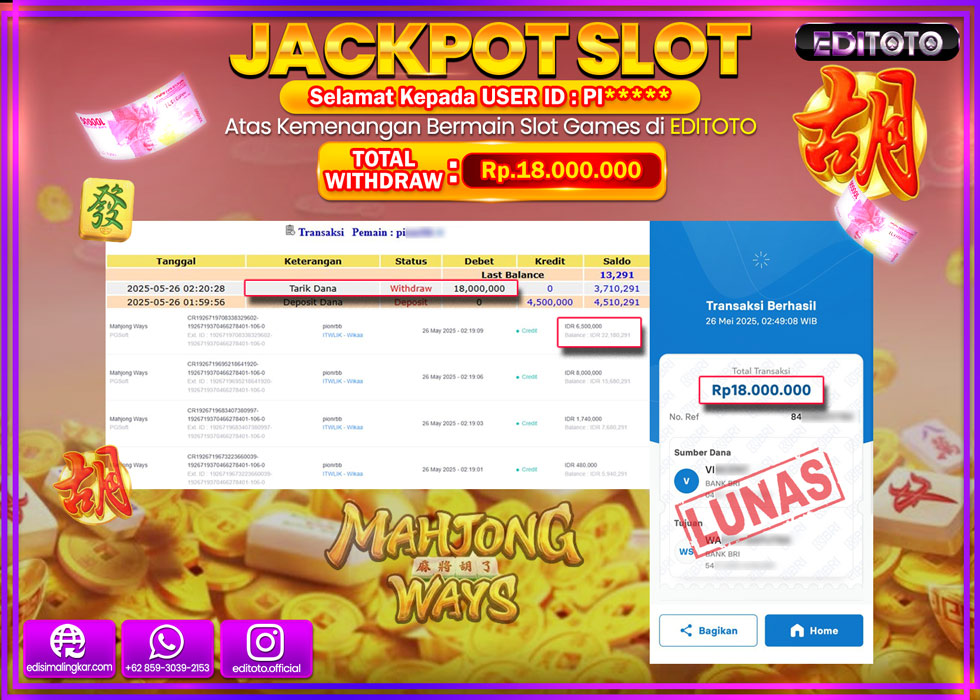 JACKPOT EDITOTO SLOT MAHJONG WAYS Rp.18.000.000,- LUNAS