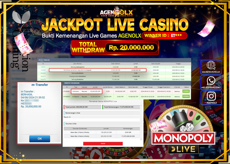 AGENOLX JACKPOT LIVE CASINO Rp.20.000.000,- LUNAS