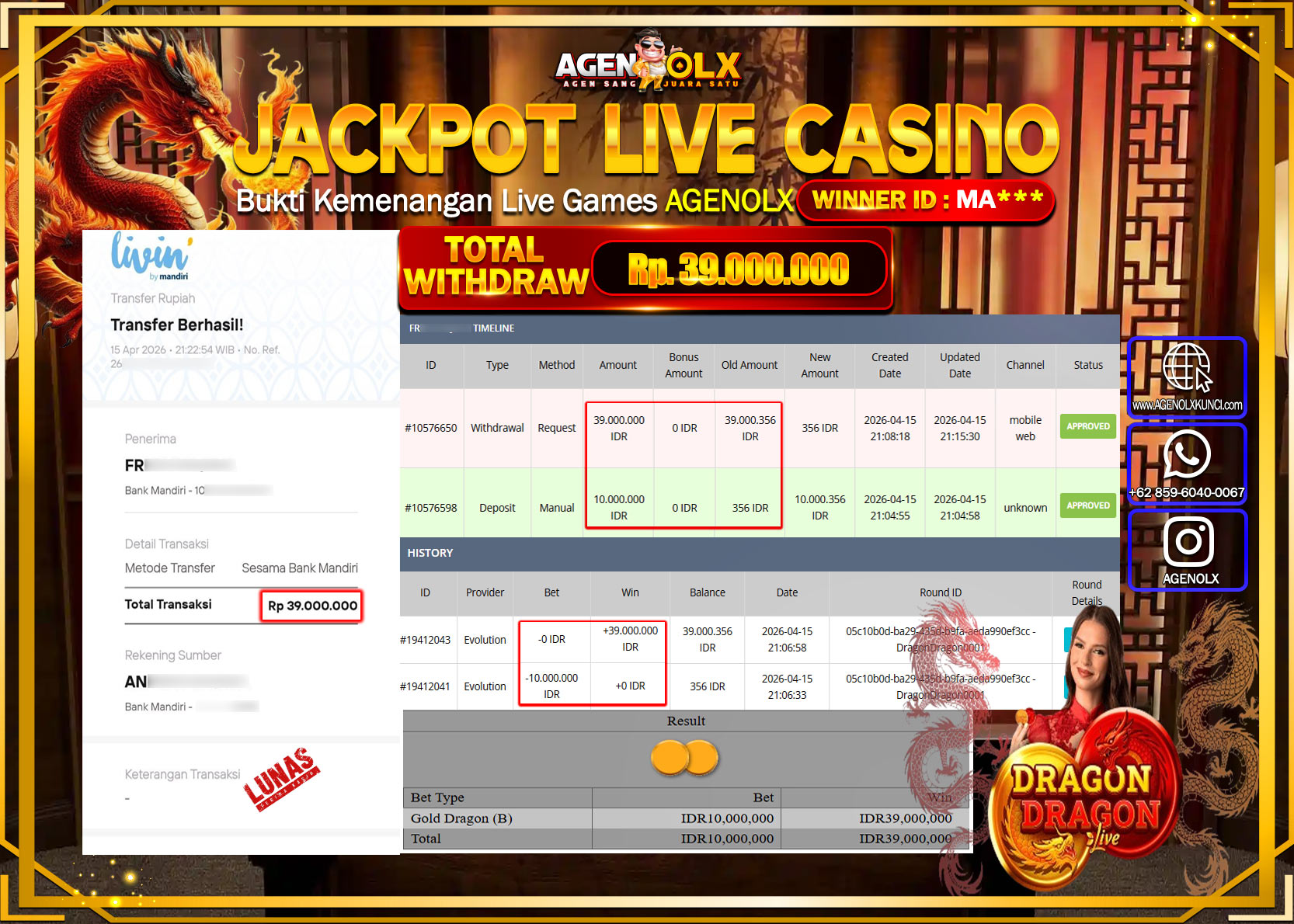 AGENOLX JACKPOT LIVE GAME DRAGON DRAGON 0001  Rp 39.000.000 - LUNAS