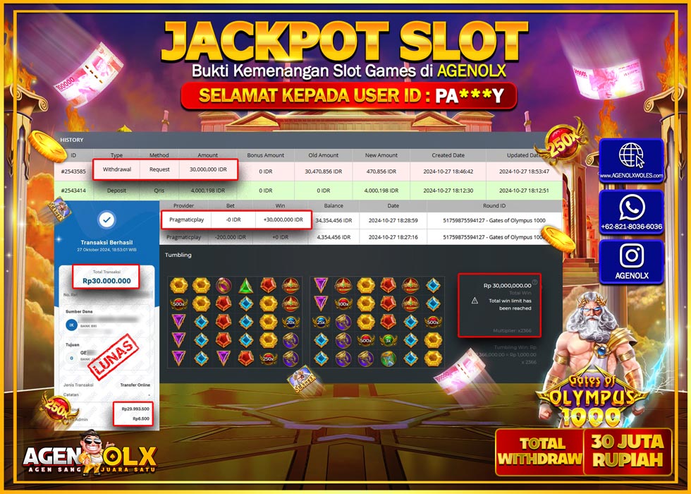 AGENOLX JACKPOT  SLOT GATES OF OLYMPUS 1000  Rp 30.000.000,- LUNAS