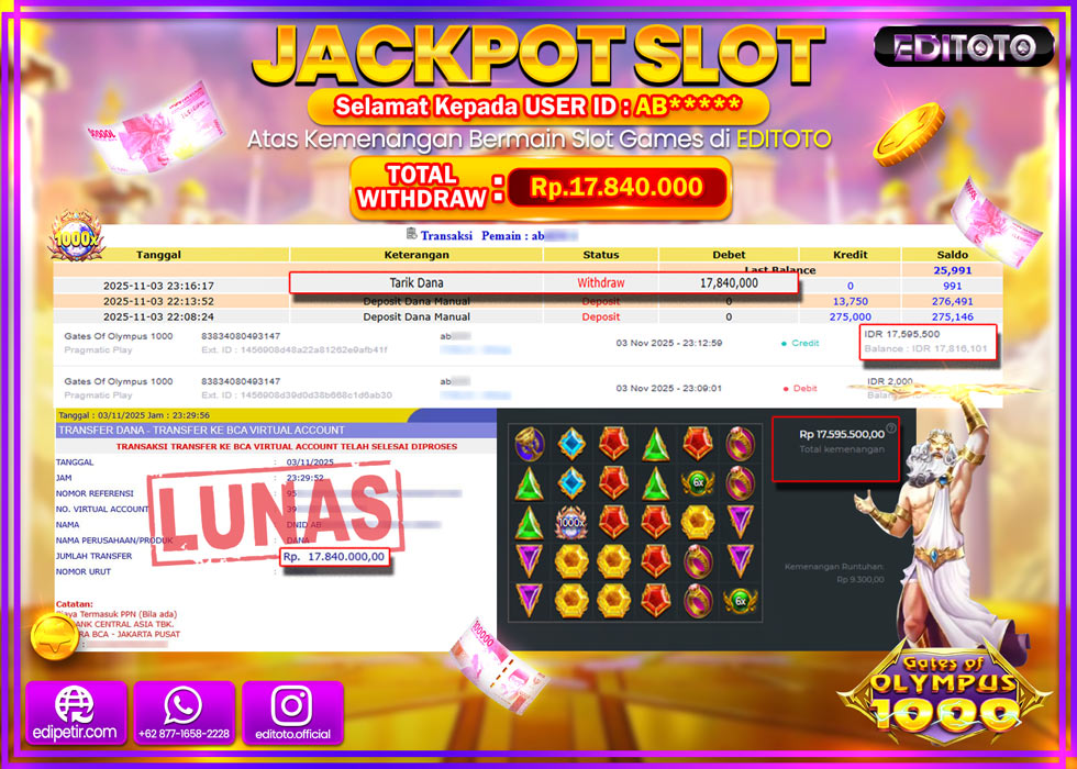 JACKPOT EDITOTO SLOT GATES OF OLYMPUS 1000  Rp.17.840.000,- LUNAS