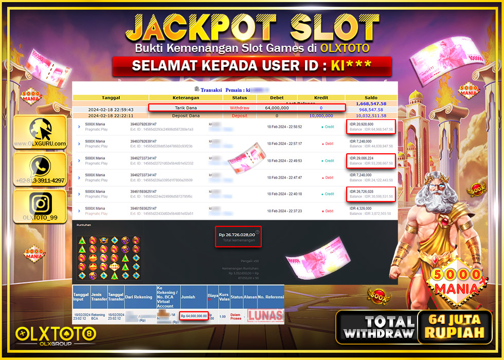OLXTOTO JACKPOT SLOT 5000X MANIA Rp.64.000.000.,- LUNAS