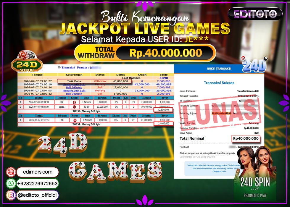 JACKPOT EDITOTO LIVE GAMES 24D GAMES  Rp. 40.000.000.,- LUNAS
