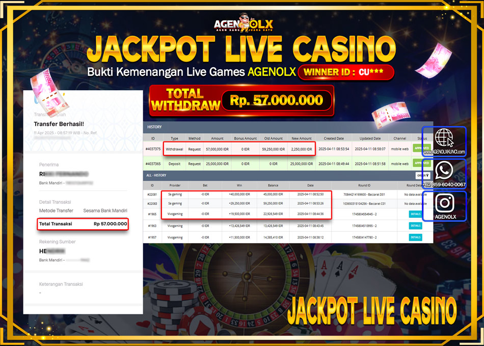 AGENOLX JACKPOT LIVE CASSINNO Rp 57.000.000,- LUNAS