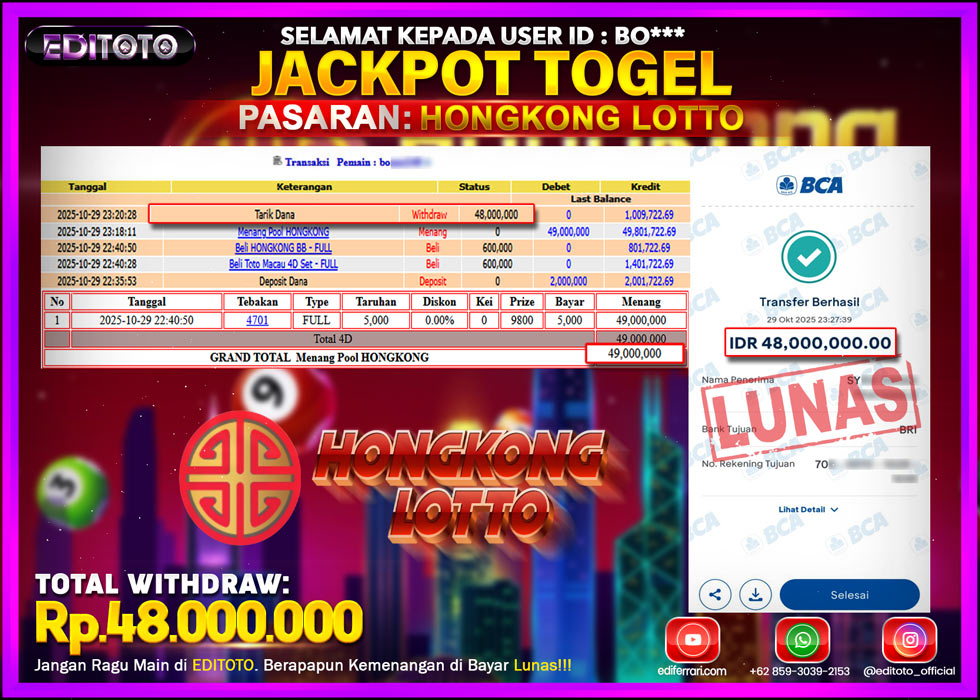 JACKPOT EDITOTO TOGEL PASARAN HONGKONG LOTTO Rp.48.000.000.,- LUNAS 