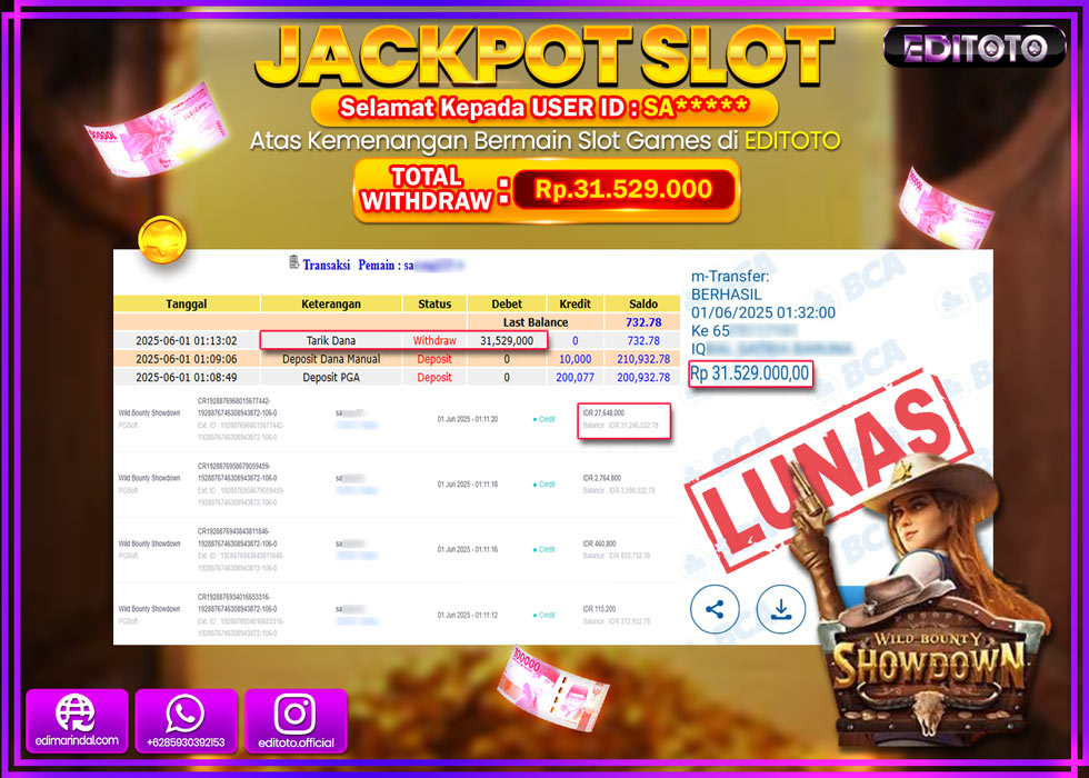 JACKPOT EDITOTO SLOT WILD BOUNTY SHOWDOWN Rp.31.529.000,- LUNAS