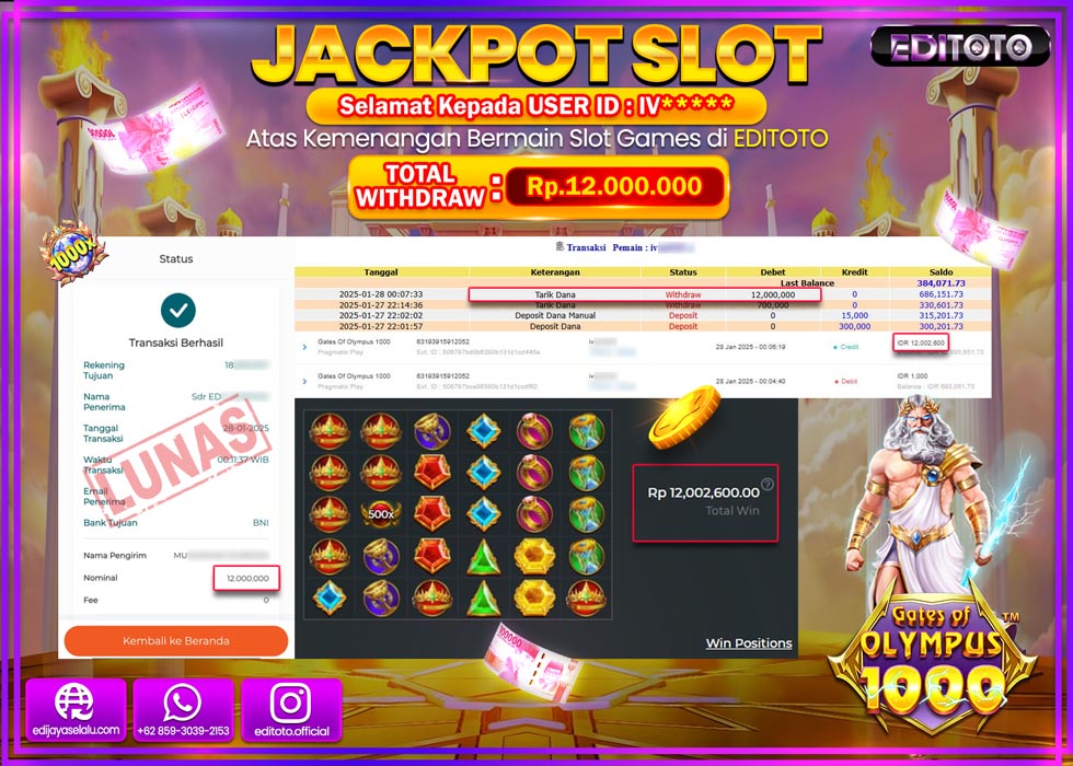JACKPOT SLOT GATES OF OLYMPUS 1000  Rp.12.000.000.,- LUNAS