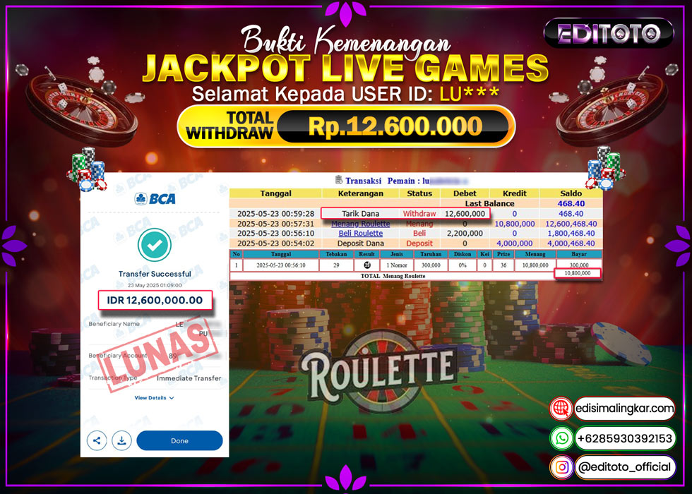 JACKPOT EDITOTO LIVE GAMES ROULETTE  Rp.12.600.000.,- LUNAS