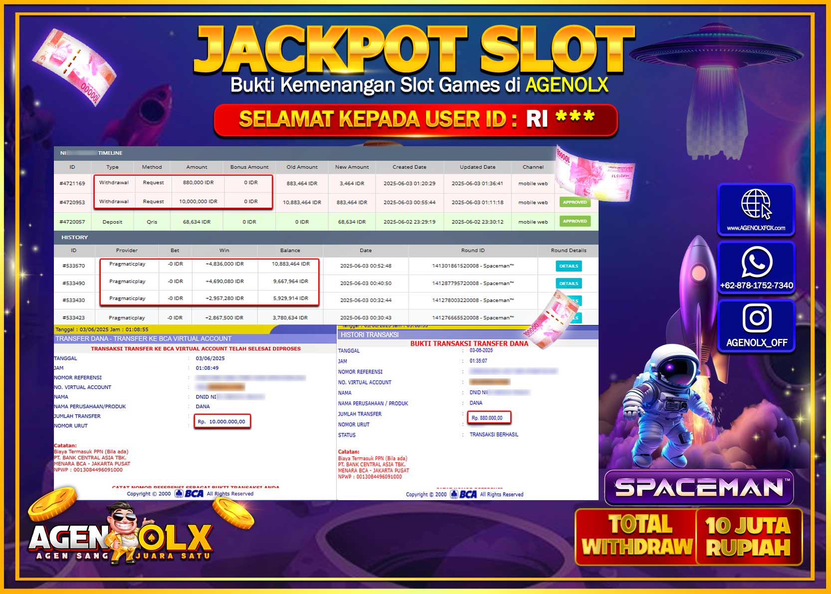 AGENOLX JACKPOT SLOT SPACEMAN   Rp 10.880.000,- LUNAS