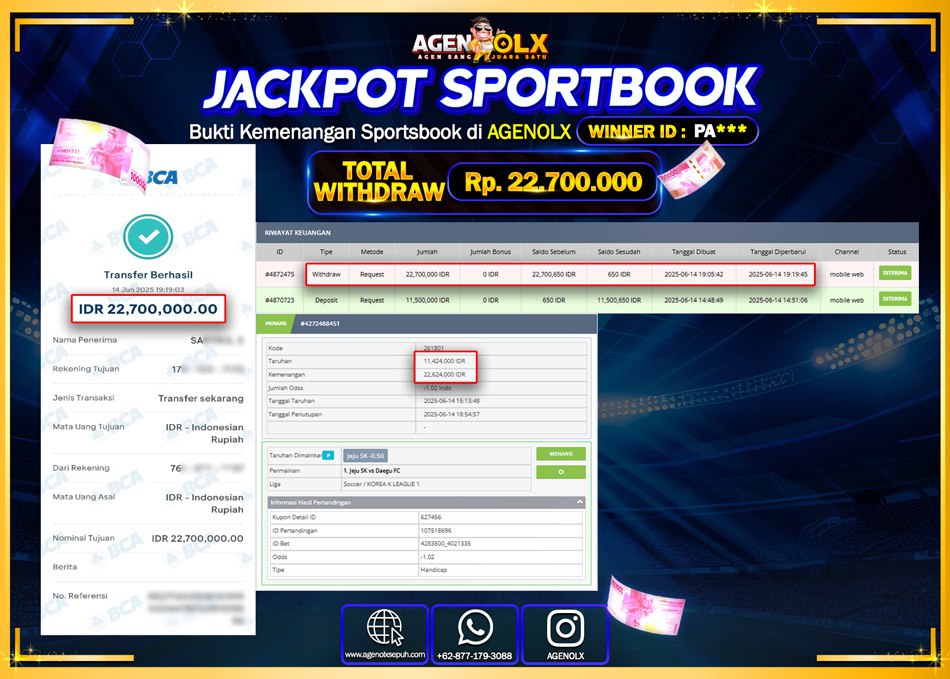 AGENOLX JACKPOT SPOORTBOOK Rp 22.700.000,- LUNAS