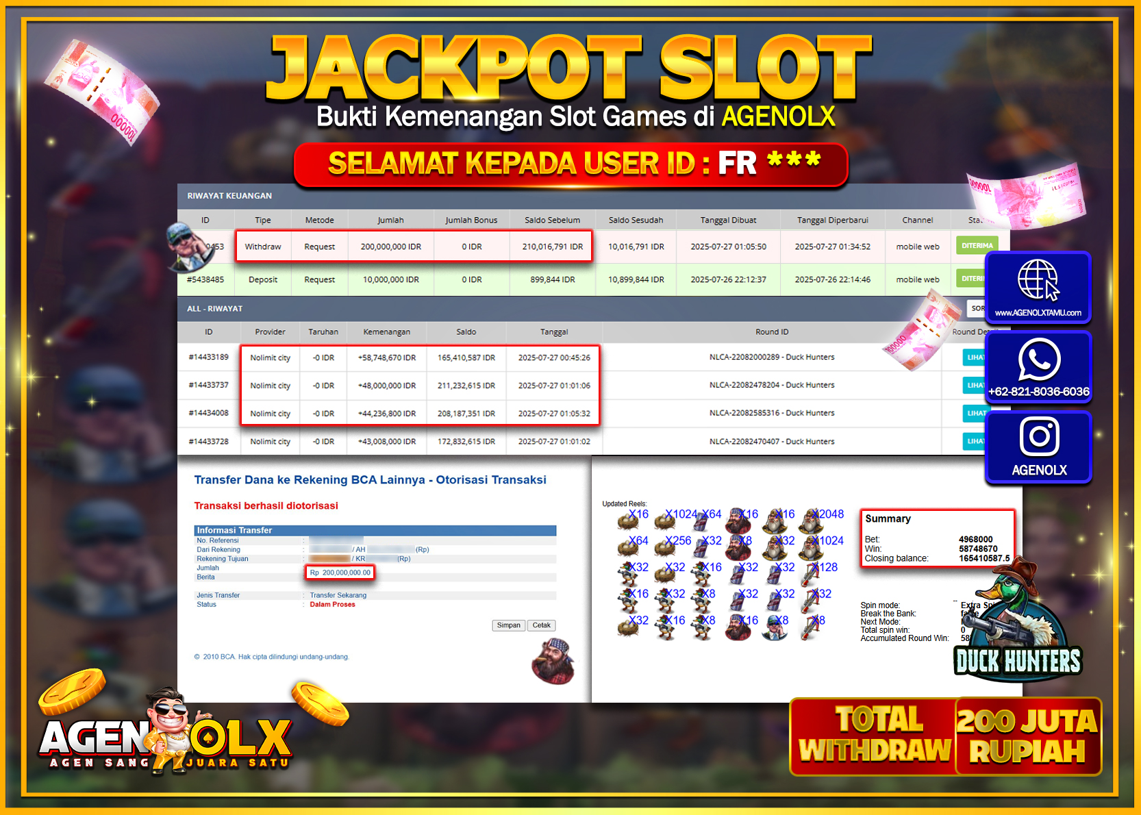AGENOLX JACKPOT  SLOT NO LIMIT DUCK HUNTERS  Rp 200.000.000,- LUNAS
