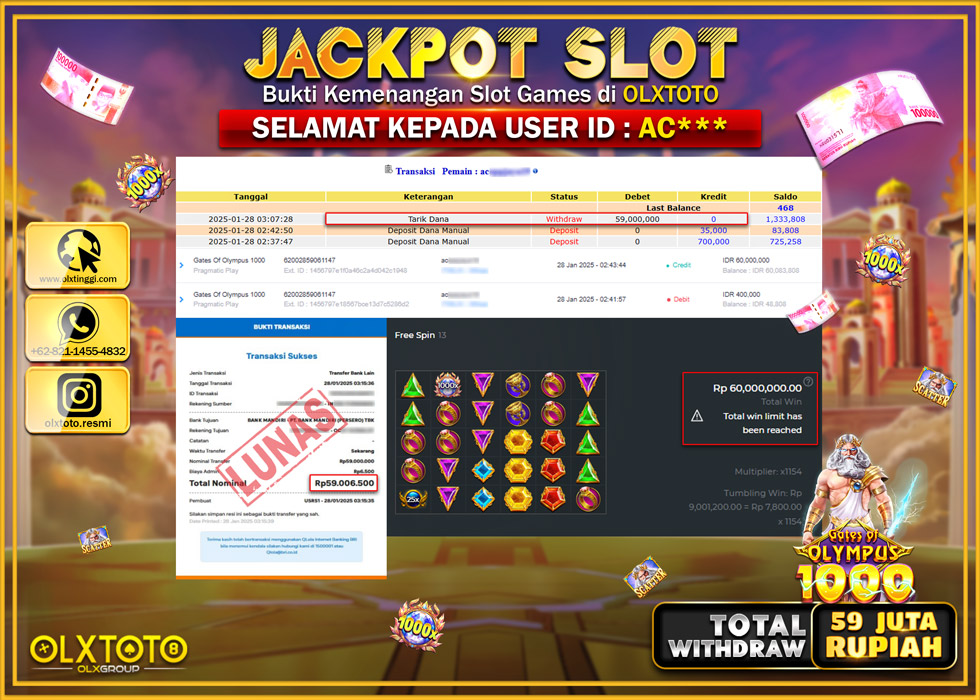 OLXTOTO JACKPOT  SLOT GATES OF OLYMPUS 1000  Rp.59.000.000.,- LUNAS