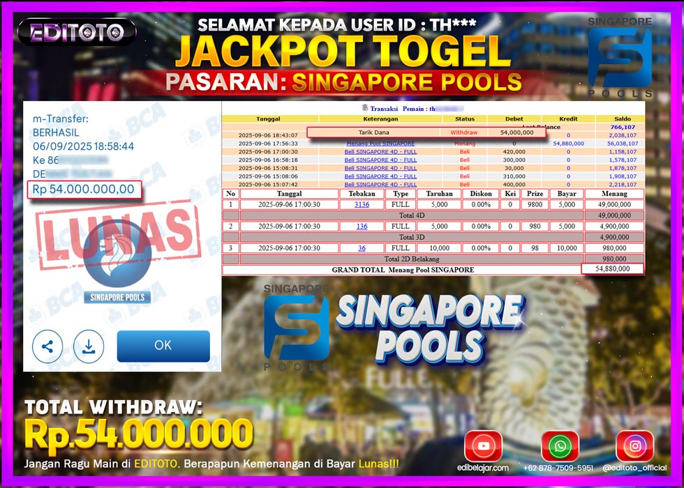 JACKPOT EDITOTO TOGEL PASARAN SINGAPORE POOLS Rp.54.000.000.,- LUNAS