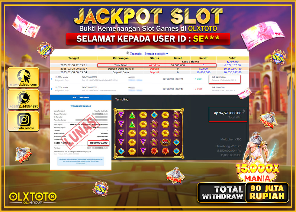 OLXTOTO JACKPOT  SLOT 15.000x MANIA  Rp.90.000.000.,- LUNAS