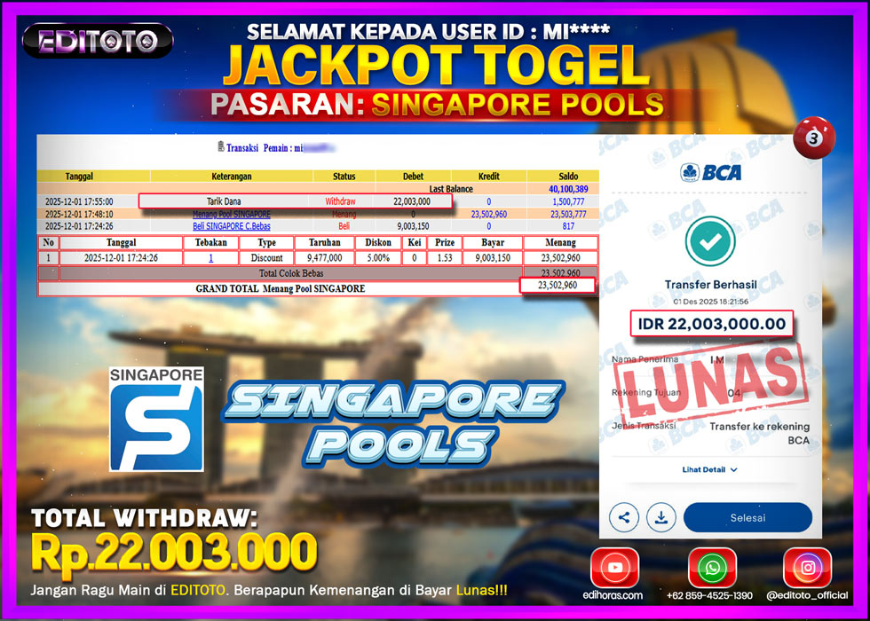 JACKPOT EDITOTO TOGEL PASARAN SINGAPORE POOLS Rp.22.003.000.,- LUNAS 