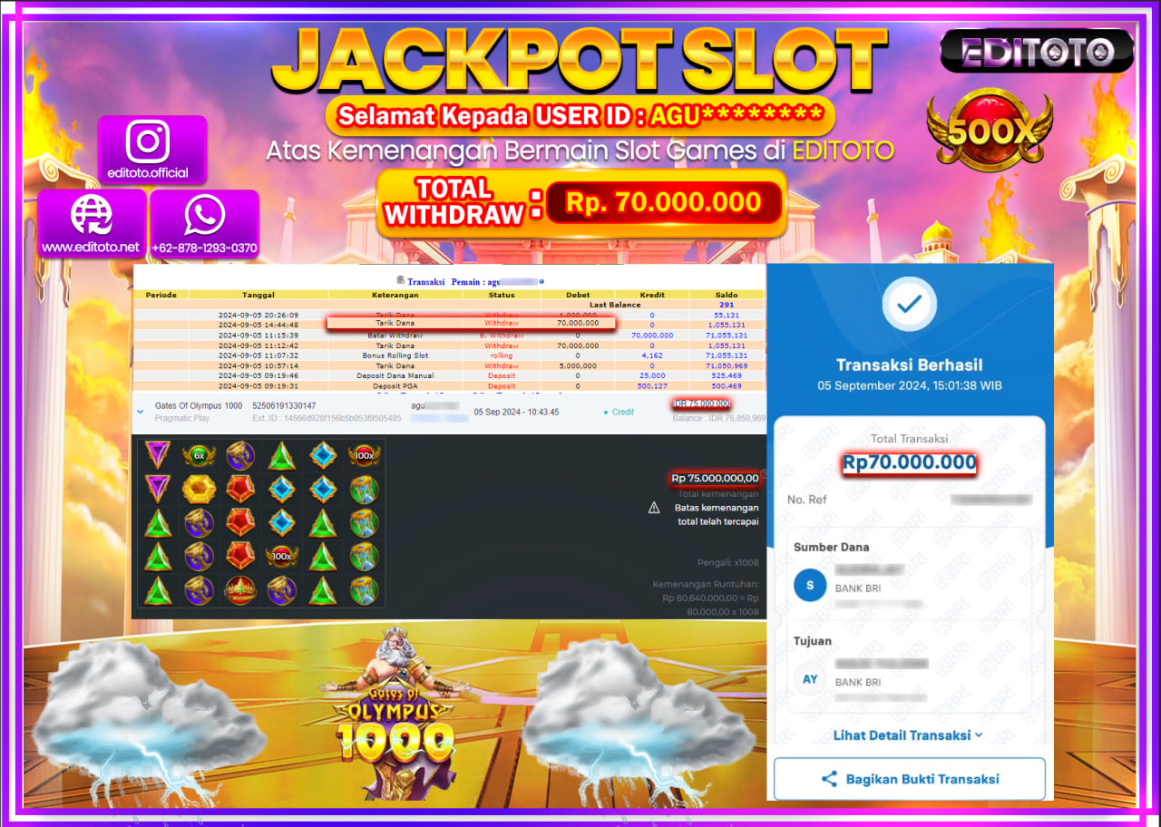 JACKPOT SLOT GATES OF OLYMPUS 1000   Rp.70.000.000.,- LUNAS