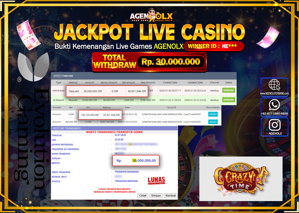 AGENOLX JACKPOT LIVE CASINO CRAZY TIME Rp 30.000.000,- LUNAS