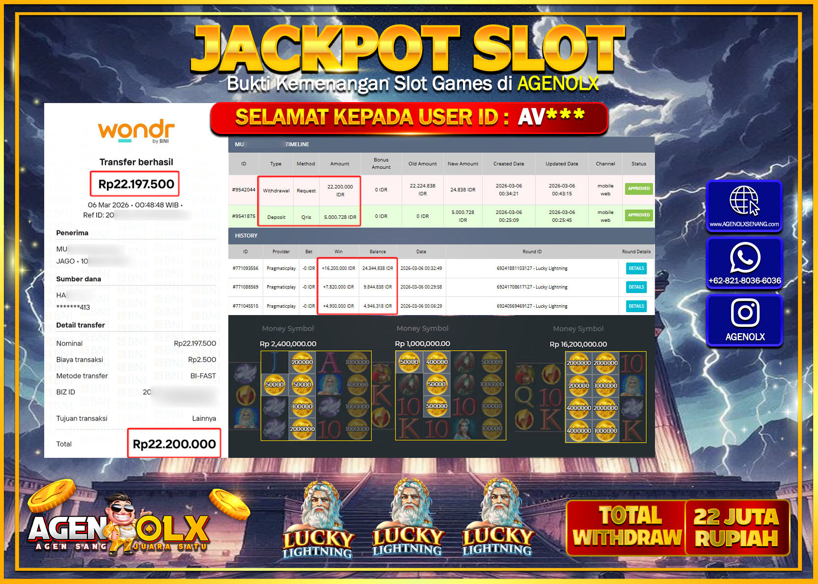 AGENOLX JACKPOT SLOT LUCKY LIGHTNING Rp 22.000.000 - LUNAS