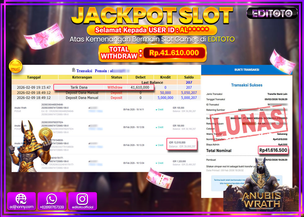 JACKPOT EDITOTO SLOT ANUBIS WRATH Rp.41.610.000,- LUNAS