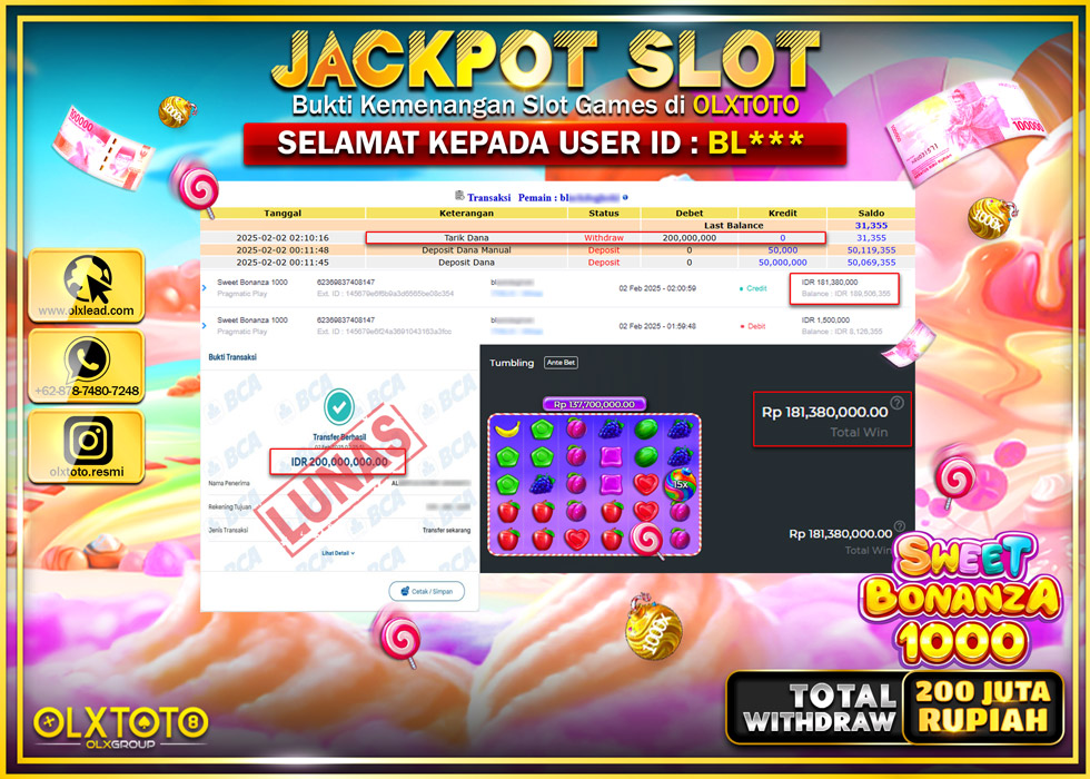 OLXTOTO JACKPOT  SLOT SWEET BONANZA 1000  Rp.200.000.000.,- LUNAS