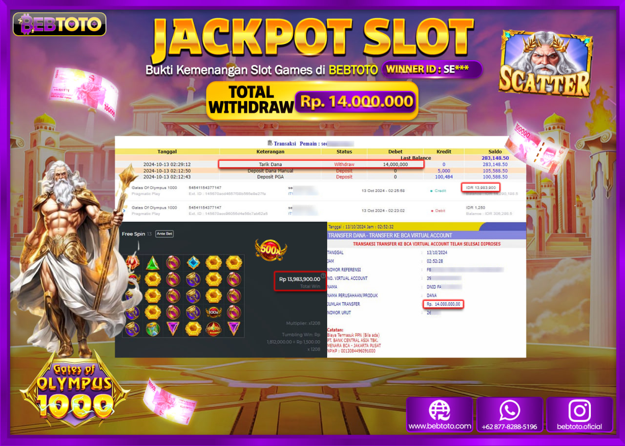 JACKPOT SLOT BEBTOTO GATES OF OLYMPUS 1000 Rp.14.000.000.,- LUNAS