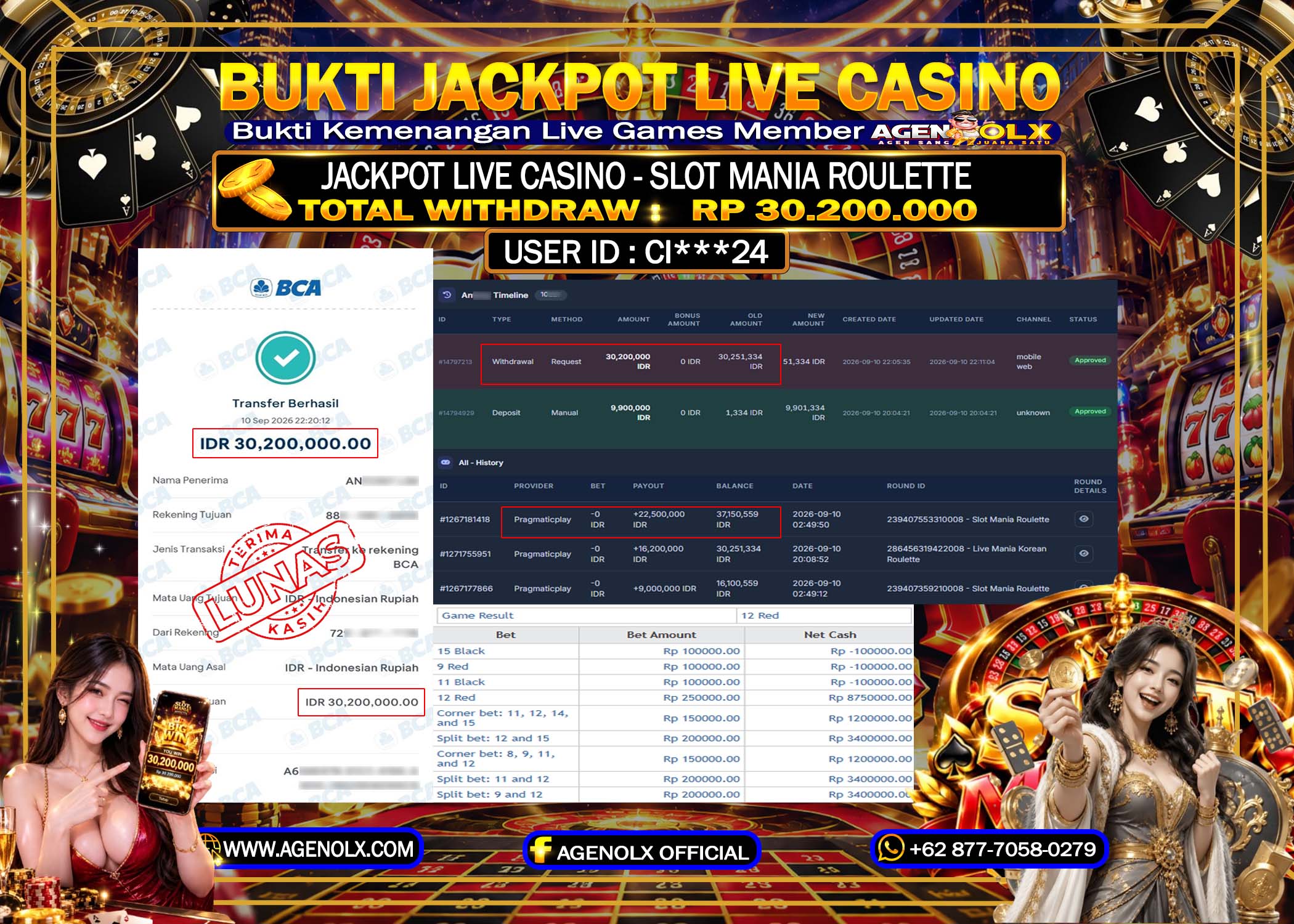 AGENOLX JACKPOT LIVE CASINO - SLOT MANIA ROULETTE  RP 30.200.000 - LUNAS