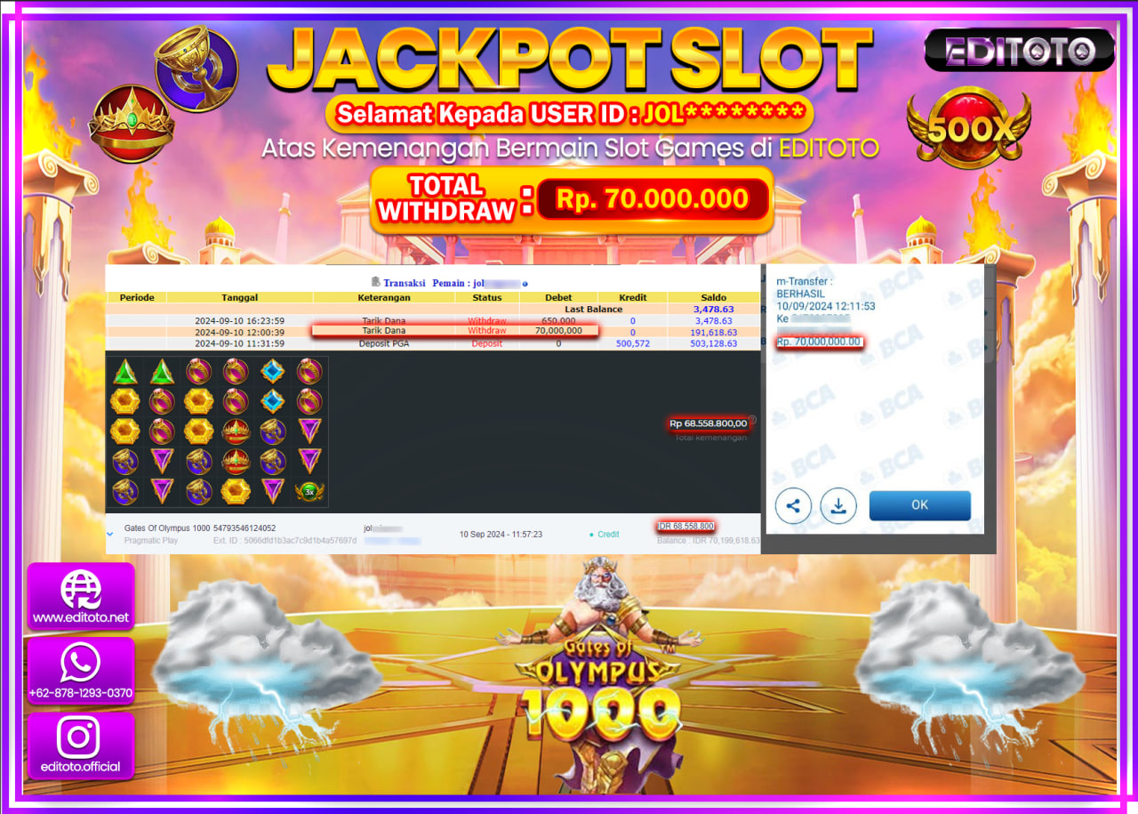 JACKPOT SLOT GATES OF OLYMPUS 1000   Rp.70.000.000.,- LUNAS