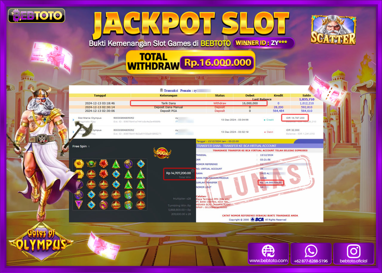 JACKPOT SLOT BEBTOTO SLOT MANIA OLYMPUS Rp.16.000.000.,- LUNAS