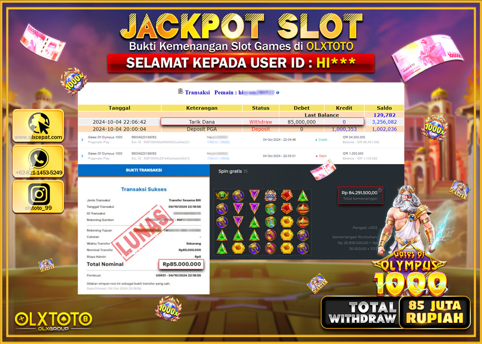 OLXTOTO JACKPOT  SLOT GATE OF OLYMPUS 1000 Rp.85.000.000.,- LUNAS
