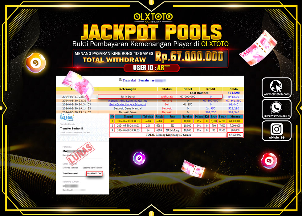 OLXTOTO JACKPOT TOGEL KING KONG 4D GAMES  Rp.67.000.000.,- LUNAS