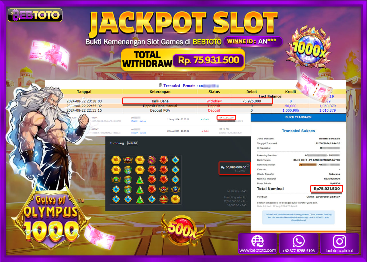 JACKPOT SLOT BEBTOTO Gates Of Olympus 1000 Rp.75.931.500.,- LUNAS
