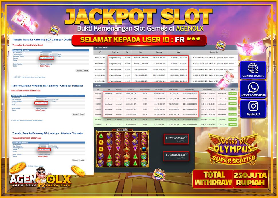 AGENOLX JACKPOT  SLOT GATES OF OLYMPUS SUPER SCATER  Rp 250.000.000,- LUNAS