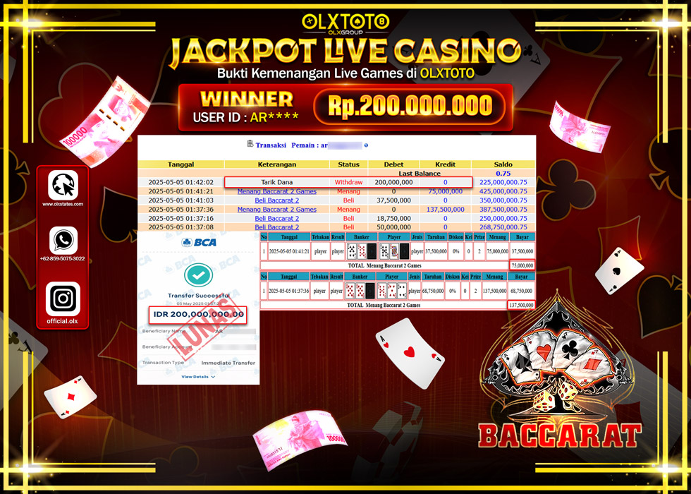BINTANGSLOT77 JACKPOT  LIVE GAMES BACCARAT Rp.200.000.000.,- LUNAS