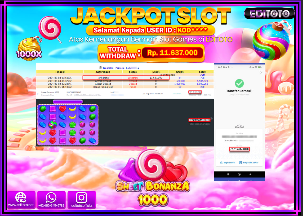 JACKPOT SLOT EDITOTO Sweet Bonanza 1000 Rp.11.637.000.,- LUNAS