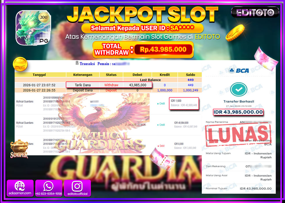 JACKPOT EDITOTO SLOT MYTHICAL GUARDIANS Rp.43.985.000,- LUNAS