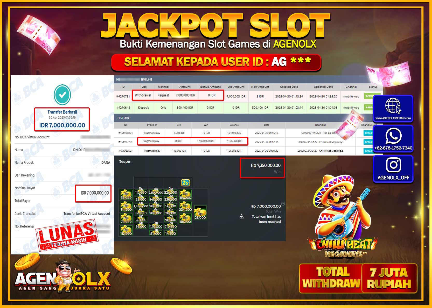AGENOLX JACKPOT SLOT CHILLI HEAT MEGAWAYS Rp 7.000.000,- LUNAS